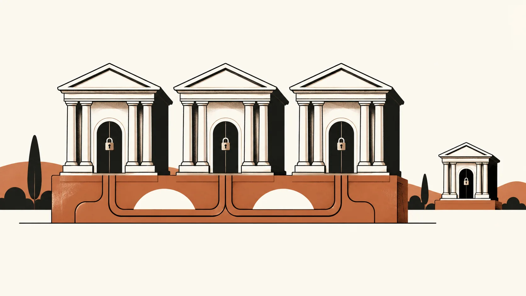 Illustration of three bank buildings sharing one foundation, each with its own locked door, and a smaller backup building to one side