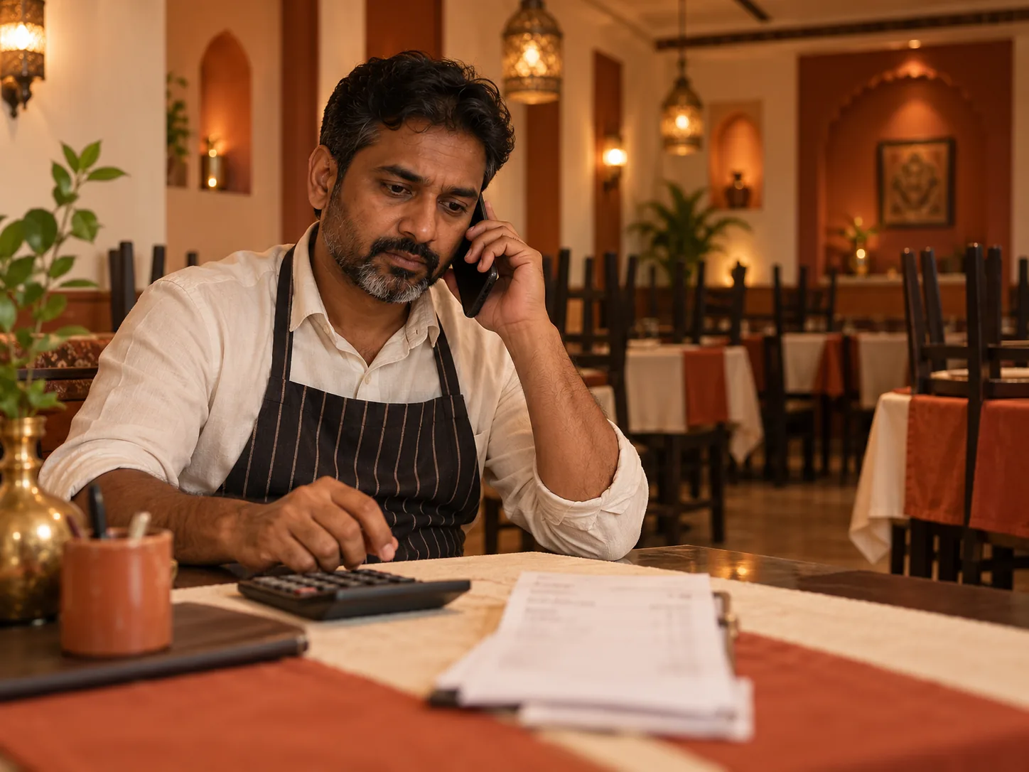 A restaurant owner on a phone call at a table after closing, with a calculator and printed bills
