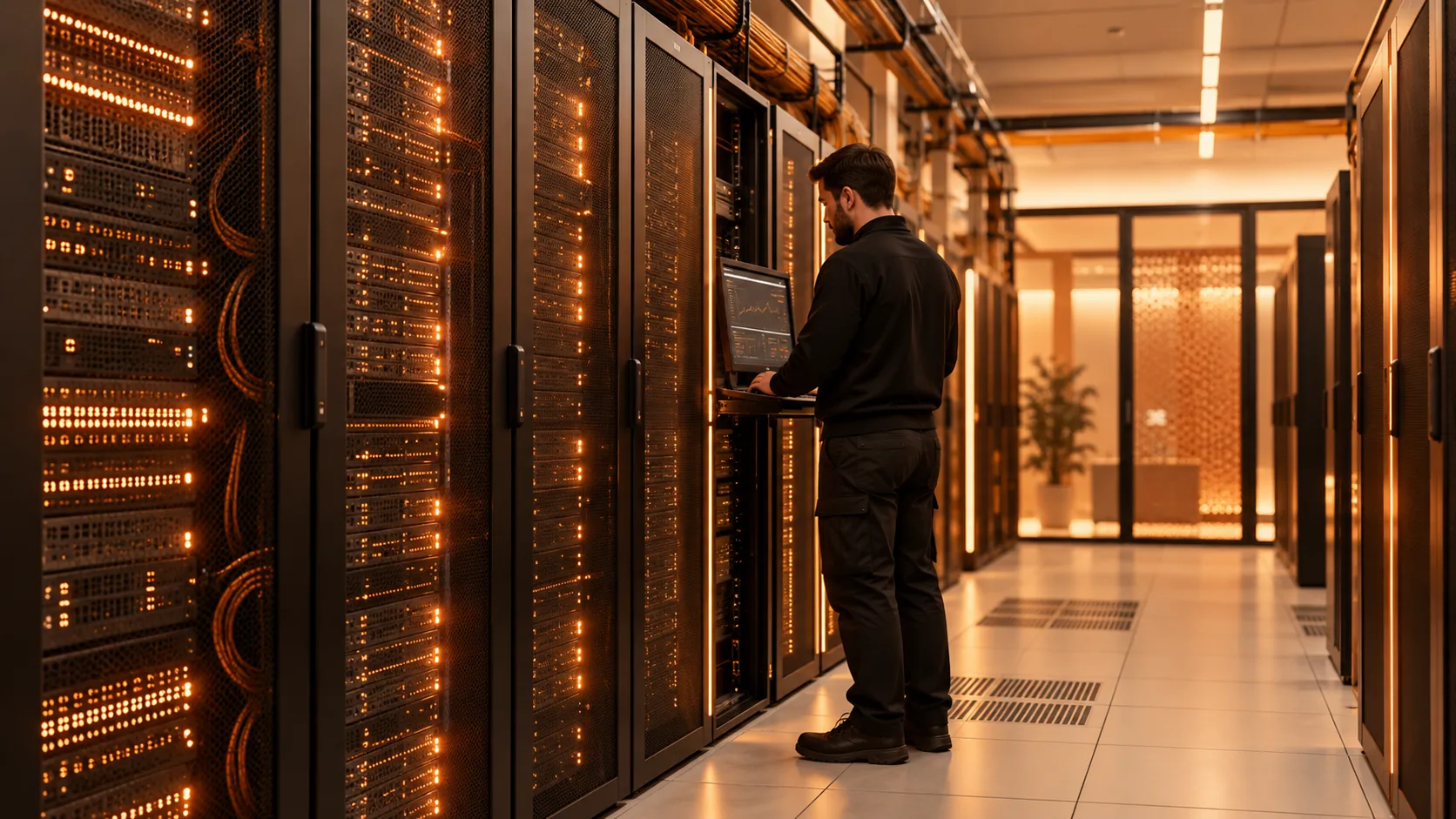 An engineer checks a monitoring screen between rows of server racks in a data centre