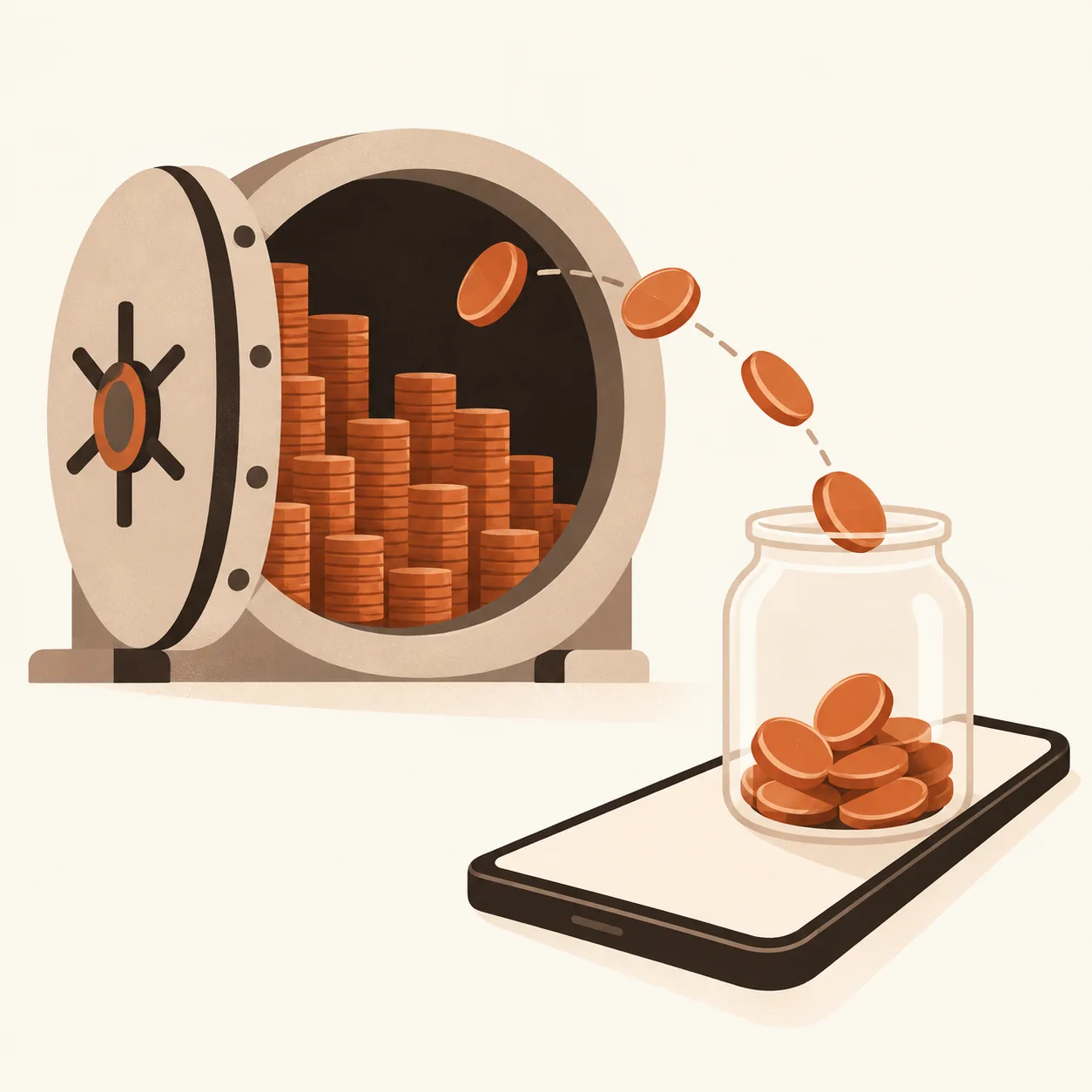 Illustration of coins moving from a bank vault into a small jar standing on a phone